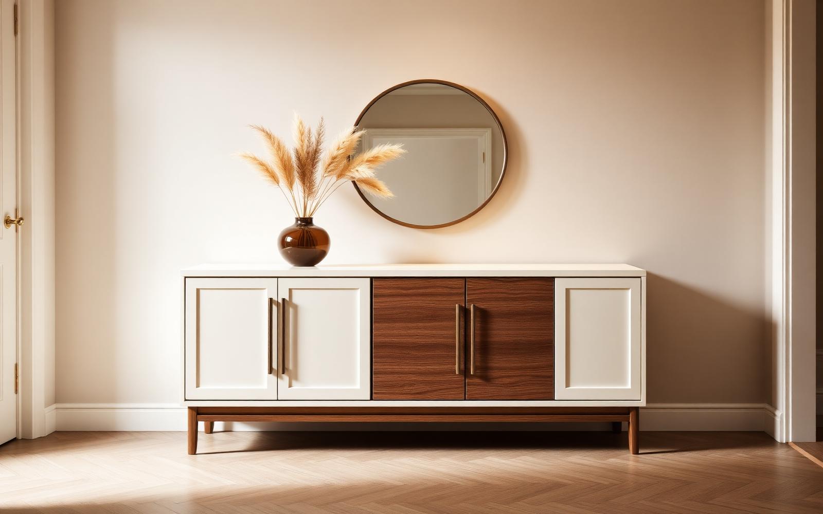 A cream and walnut litter box cabinet styled as a hallway console
